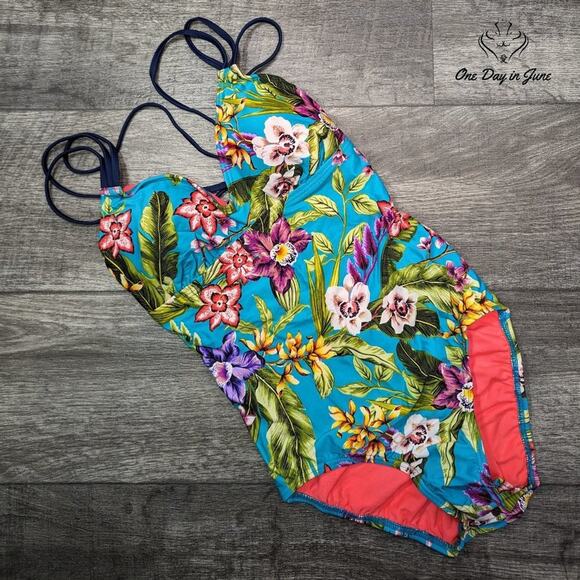 Coastal Blue Strappy Back Floral One Piece Swimsuit Size S - Picture 1 of 4